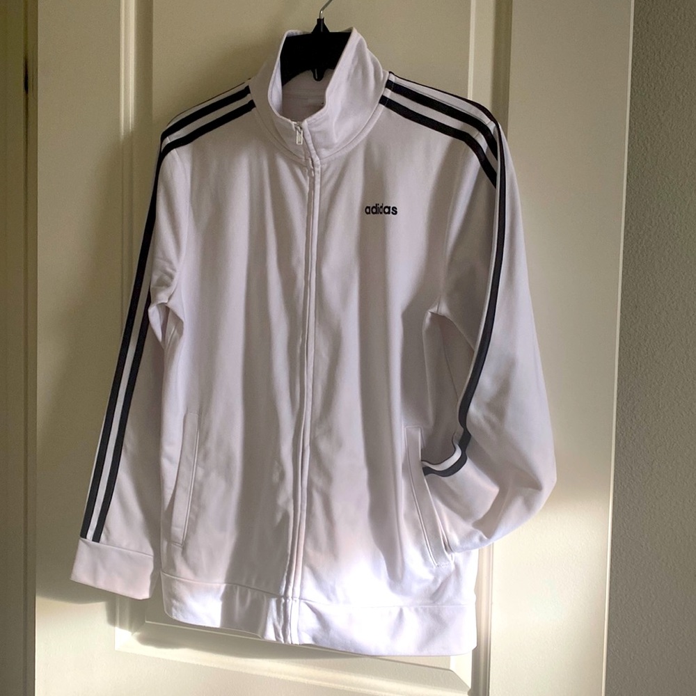 Adidas white 3 stripe track jacket youth L/women S